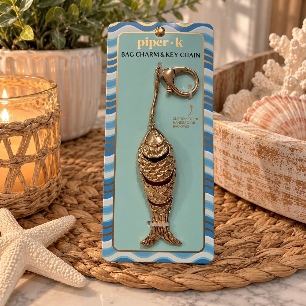 Piper K Gold Articulated Fish Bag Charm Key Chain Nautical Coastal Accessory NIP